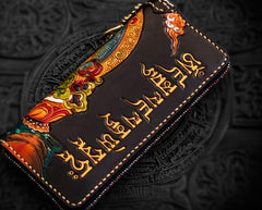Handmade Leather Tooled Yellow Jambhala Mens Chain Biker Wallet Cool Leather Wallet Zipper Long Phone Wallets for Men - imessengerbags