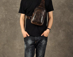 Genuine Leather Mens Cool Chest Bag Sling Bag Crossbody Bag Travel Bag Hiking Bag for men