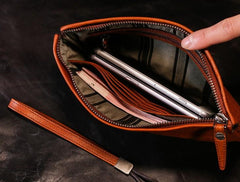 Handmade Leather Mens Clutch Cool Slim Wallet Zipper Clutch Wristlet Wallet for Men