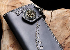 Handmade Leather Mens Chain Biker Wallet Cool Leather Wallet Long Phone Wallets for Men - imessengerbags