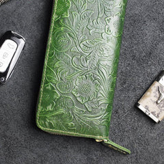Handmade Leather Floral Mens Cool Travel Long Wallet Card Holder Card Slim Clutch Wallets for Men - imessengerbags