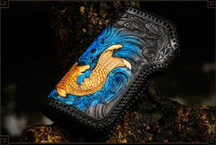 Handmade Leather Tooled Carp Mens Chain Biker Wallet Cool Leather Wallet Long Phone Wallets for Men - imessengerbags