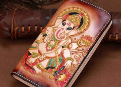 Handmade Leather Mens Clutch Wallet Cool Ganesha Tooled Wallet Long Zipper Wallets for Men - imessengerbags