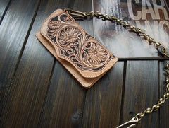Handmade Leather Biker Wallet Tooled Floral Mens Cool Chain Wallet Trucker Wallet with Chain