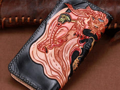 Handmade Leather Tooled Monster Mens Chain Biker Wallet Cool Leather Wallet Zipper Long Phone Wallets for Men