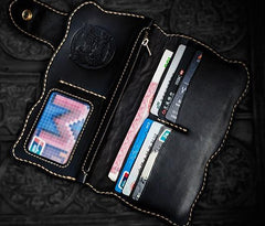Handmade Leather Black Mens Tooled Skull Chain Biker Wallet Cool Leather Wallet Long Clutch Wallets for Men - imessengerbags