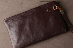 Genuine Leather Mens Clutch Cool Slim Wallet Zipper Clutch Wristlet Bag Wallet for Men Women