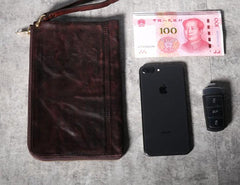 Handmade Genuine Leather Mens Clutch Cool Slim Wallet Zipper Clutch Wristlet Wallet for Men