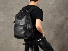 Genuine Leather Mens Cool Backpack Sling Bag Large Black Travel Bag Hiking Bag for men