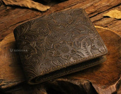 Handmade Leather Floral Mens Cool Slim Leather Wallet Men billfold Wallets Bifold for Men - imessengerbags