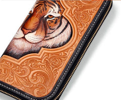 Handmade Leather Mens Clutch Wallet Cool Floral Tiger Tooled Wallet Long Zipper Wallets for Men - imessengerbags