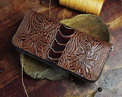 Handmade Leather Floral Mens Cool Zipper Phone Travel Long Wallet Card Holder Card Slim Clutch Wallets for Men - imessengerbags