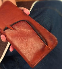 Genuine Leather Mens Cool Long Leather Phone Wallet Zipper Clutch Wristlet Wallet for Men - imessengerbags