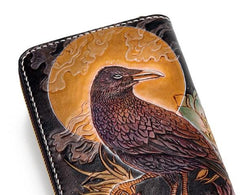 Handmade Leather Mens Clutch Wallet Cool Gold Toad Triped Crow Tooled Wallet Long Zipper Wallets for Men - imessengerbags