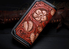 Handmade Leather Mens Clutch Wallet Cool Floral Tooled Wallet Long Zipper Wallets for Men