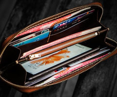 Handmade Leather Tooled Carp Mens Chain Biker Wallet Cool Leather Wallet Long Phone Wallets for Men