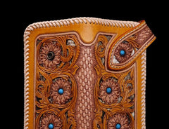 Handmade Mens Cool Tooled Floral Leather Chain Wallet Biker Trucker Wallet with Chain - imessengerbags