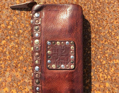 Handmade Genuine Rock Punk Leather Mens Cool Long Wallet Wristlet Bifold Clutch Wallet for Men