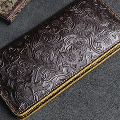 Handmade Leather Floral Mens Cool Travel Long Wallet Passport Card Holder Card Slim Wallets for Men - imessengerbags