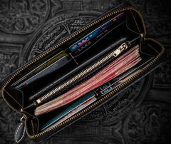 Handmade Leather Mens Chain Chinese Handwriting Biker Wallet Cool Leather Wallet Long Phone Wallets for Men