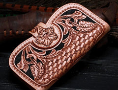 Handmade Leather Tooled Floral Mens Clutch Wallet Cool Wallet Long Wallets for Men Women - imessengerbags