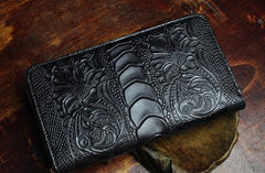 Handmade Leather Mens Tooled Floral Cool Zipper Phone Travel Long Wallet Card Holder Card Slim Clutch Wallets for Men - imessengerbags