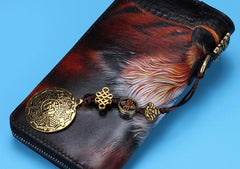 Handmade Leather Tooled Tiger Mens Chain Biker Wallet Cool Leather Wallet Long Clutch Wallets for Men