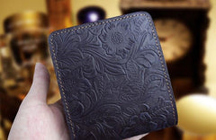 Handmade Leather Floral Mens Cool Slim Leather Wallet Men billfold Wallets Bifold for Men - imessengerbags