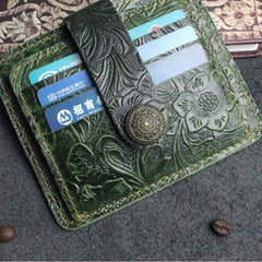 Handmade Leather Floral Mens Cool Front Pocket Wallet Short Wallet Card Holder Small Card Slim Wallets for Men