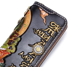 Handmade Leather Tooled Yellow Jambhala Mens Chain Biker Wallet Cool Leather Wallet Zipper Long Phone Wallets for Men
