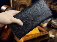Handmade Leather Floral Mens Cool Travel Long Wallet Card Holder Card Trifold Clutch Wallets for Men - imessengerbags