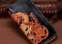 Handmade Leather Mens Clutch Wallet Cool Chinese Dragon Tooled Wallet Long Zipper Wallets for Men - imessengerbags