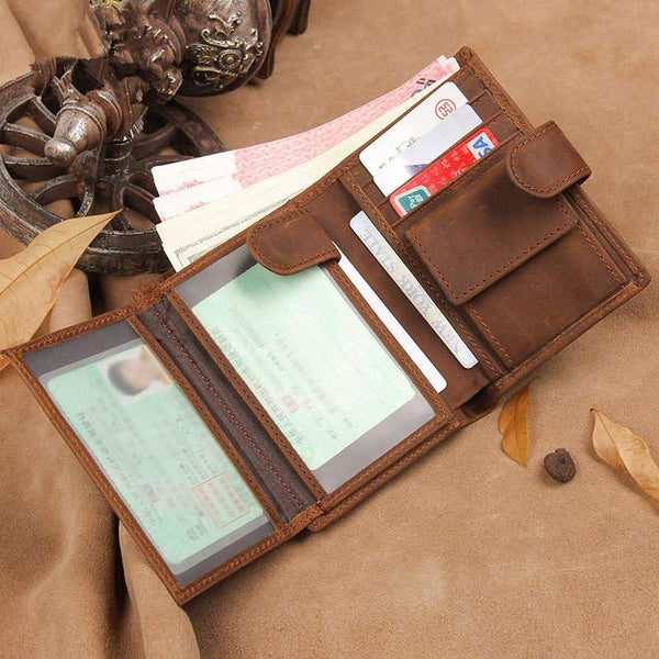 RFID Vintage Leather Men's Trifold Small Wallet Brown billfold Wallet For Men - imessengerbags