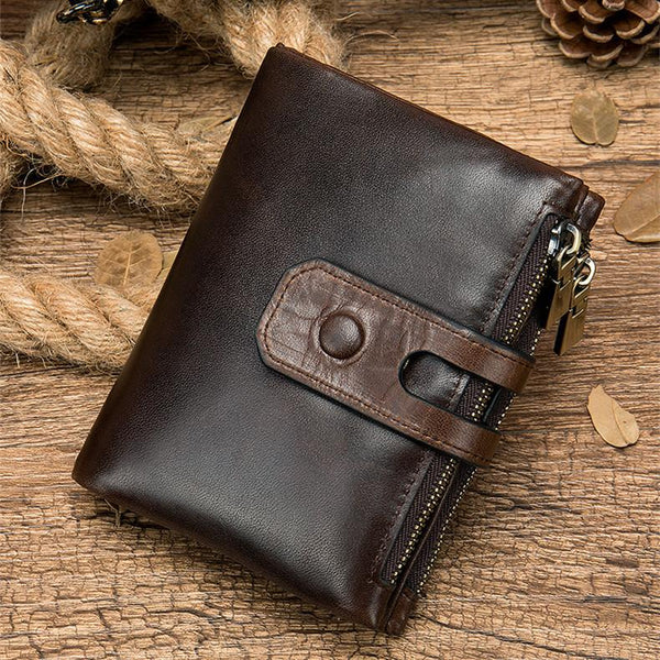 RFID Brown Leather Men's Double Zipper Small Wallet Black billfold Wallet For Men - imessengerbags
