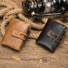 RFID Brown Leather Men's Double Zipper Small Wallet Black billfold Wallet For Men - imessengerbags