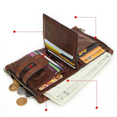 RFID Brown Leather Men's Double Zipper Small Wallet Black billfold Wallet For Men - imessengerbags