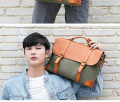 Army Green Leather Canvas Mens Casual Briefcase Shoulder Bag Messenger Bags Casual Courier Bags for Men