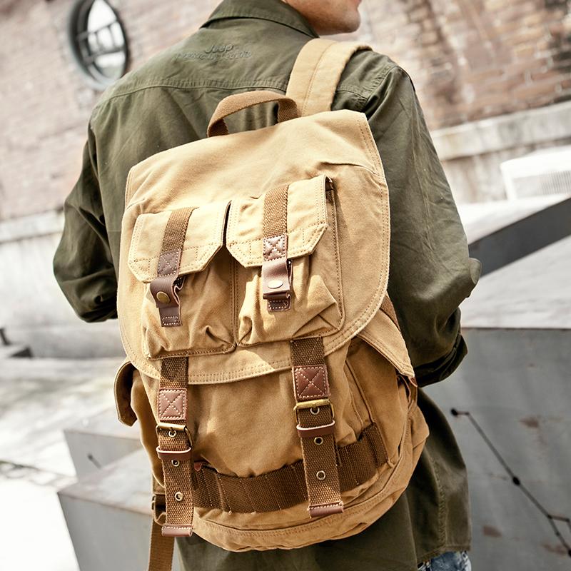 Army Green CANVAS Mens Large 16'' Fashion Khaki Travel Backpack College Backpack Hiking Backpack For Men - imessengerbags