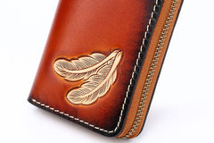 Around Zip Green Tooled Leather Card Wallet Mens Feather Zipper Card Holder for Men