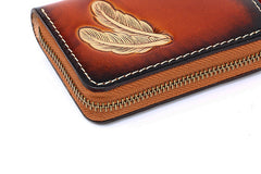 Around Zip Coffee Tooled Leather Card Wallet Mens Feather Zipper Card Holder for Men