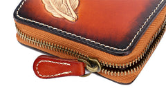 Around Zip Brown Tooled Leather Card Wallet Mens Feather Zipper Card Holder for Men