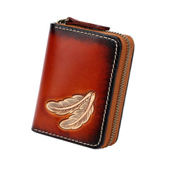 Around Zip Black Tooled Leather Card Wallet Mens Feather Zipper Card Holder for Men