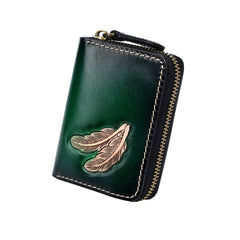 Around Zip Coffee Tooled Leather Card Wallet Mens Feather Zipper Card Holder for Men