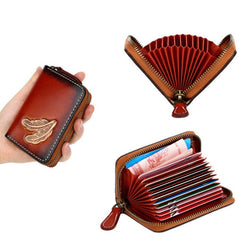 Around Zip Coffee Tooled Leather Card Wallet Mens Feather Zipper Card Holder for Men