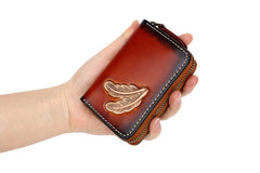 Around Zip Black Tooled Leather Card Wallet Mens Feather Zipper Card Holder for Men