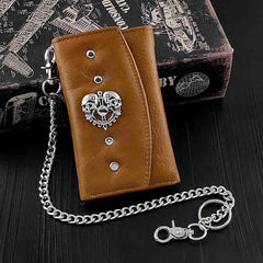 BADASS BROWN SKULL LEATHER MENS TRIFOLD SMALL BIKER WALLETS CHAIN WALLET WALLET WITH CHAIN FOR MEN - imessengerbags