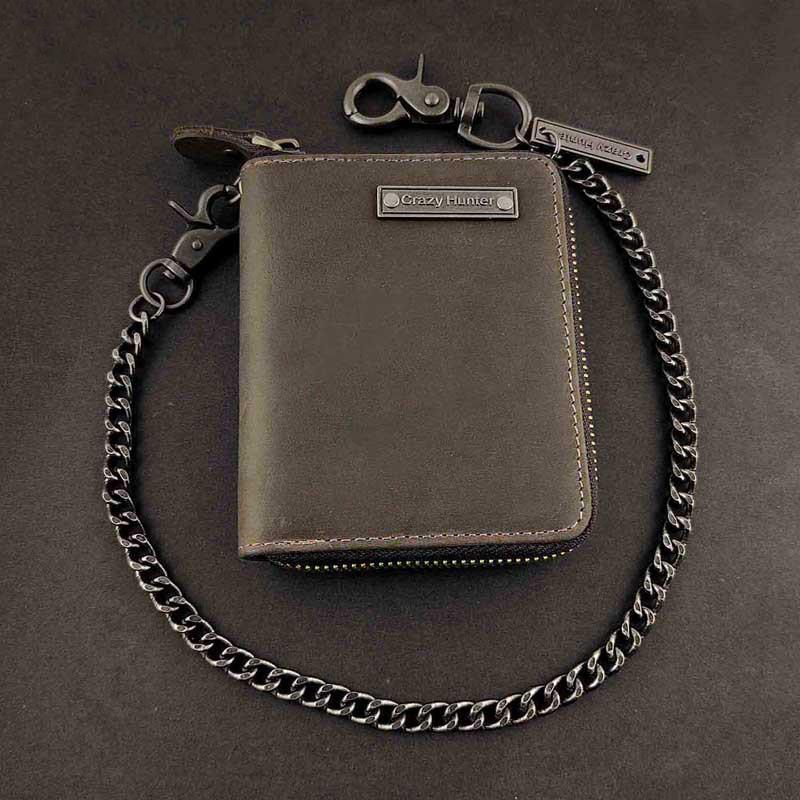 BADASS DARK BROWN LEATHER MENS TRIFOLD SMALL BIKER WALLET CHAIN WALLET Zipper WALLET WITH CHAIN FOR MEN - imessengerbags