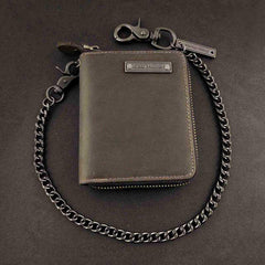 BADASS DARK BROWN LEATHER MENS TRIFOLD SMALL BIKER WALLET CHAIN WALLET Zipper WALLET WITH CHAIN FOR MEN - imessengerbags