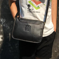 Black LEATHER MENS 10-inch Small Postman Bag SHOULDER BAG SIDE BAG COURIER BAG IPAD MESSENGER BAG FOR MEN - imessengerbags