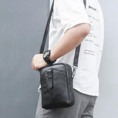 BADASS Black LEATHER MEN'S Small Side bag Vertical Phone Bag MESSENGER BAG Shoulder Bag FOR MEN